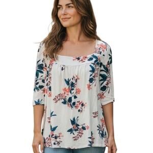 Lucky Brand Square Neck Top Womens Size XXL White Floral Modal Cotton Knit Boho